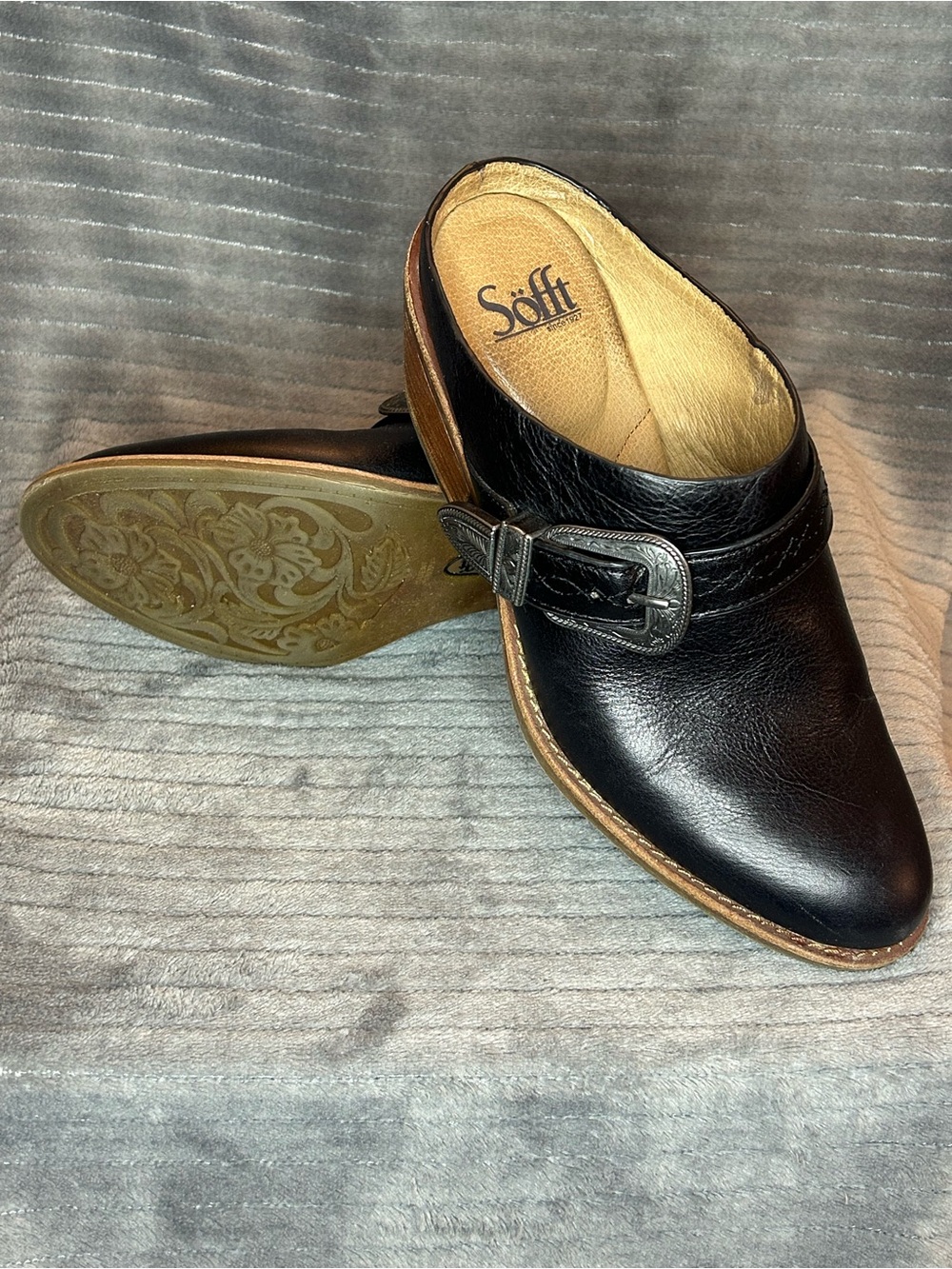 Sofft Black Leather Mule Comfort Shoes Buckle Women's Size 8